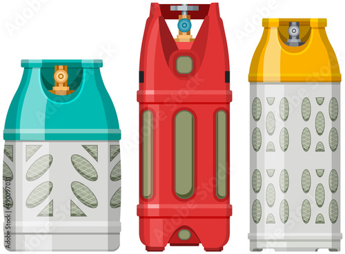 High cylinder, canister with fuel, storage for gas. Metal tank with liquefied compressed petroleum, propane. Pressurized gas cylinder, storage with tap for substance release vector illustration