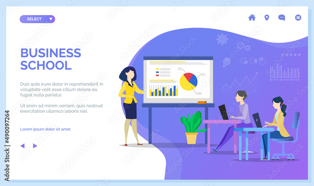 Fototapeta premium Website with business school. Woman coach gives presentation to students. People study statistics, outline business lesson in online school. Teacher shows statistical report with diagraams and charts