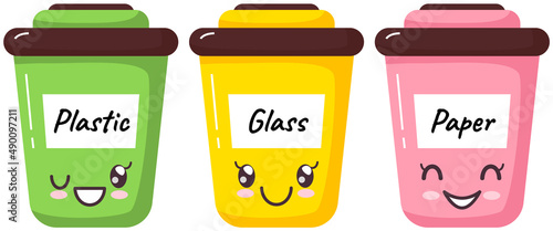 Garbage sorting containers in cute oriental kawaii style. Different color recycle bins with glass, plastic and paper. Zero waste ecology concept. Positive emotions, japanese culture symbol anime
