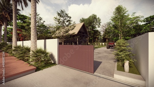 entry gate to wooden house 3d rendering