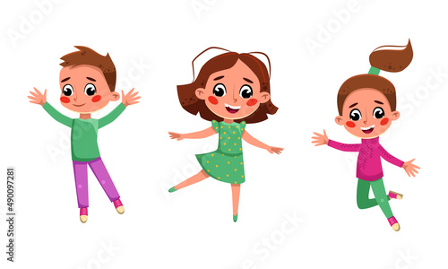 Group of funny children jumping together. Happy kids joyfully jumping cartoon vector illustration