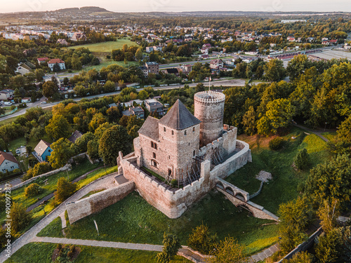 Będzin Castle in Poland from above - sunset view
