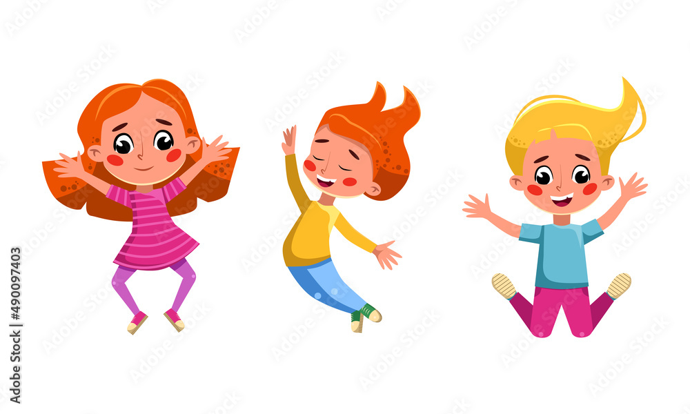 Group of funny kids jumping. Happy girls having fun together cartoon vector illustration Group of funny kids jumping. Happy girls having fun together cartoon vector illustration