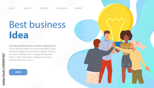 Landing page of business website. Best business idea webpage. Cohesive colleagues stand and discuss creative solutions and ideas. Co working people, team giving high five to each other, greeting