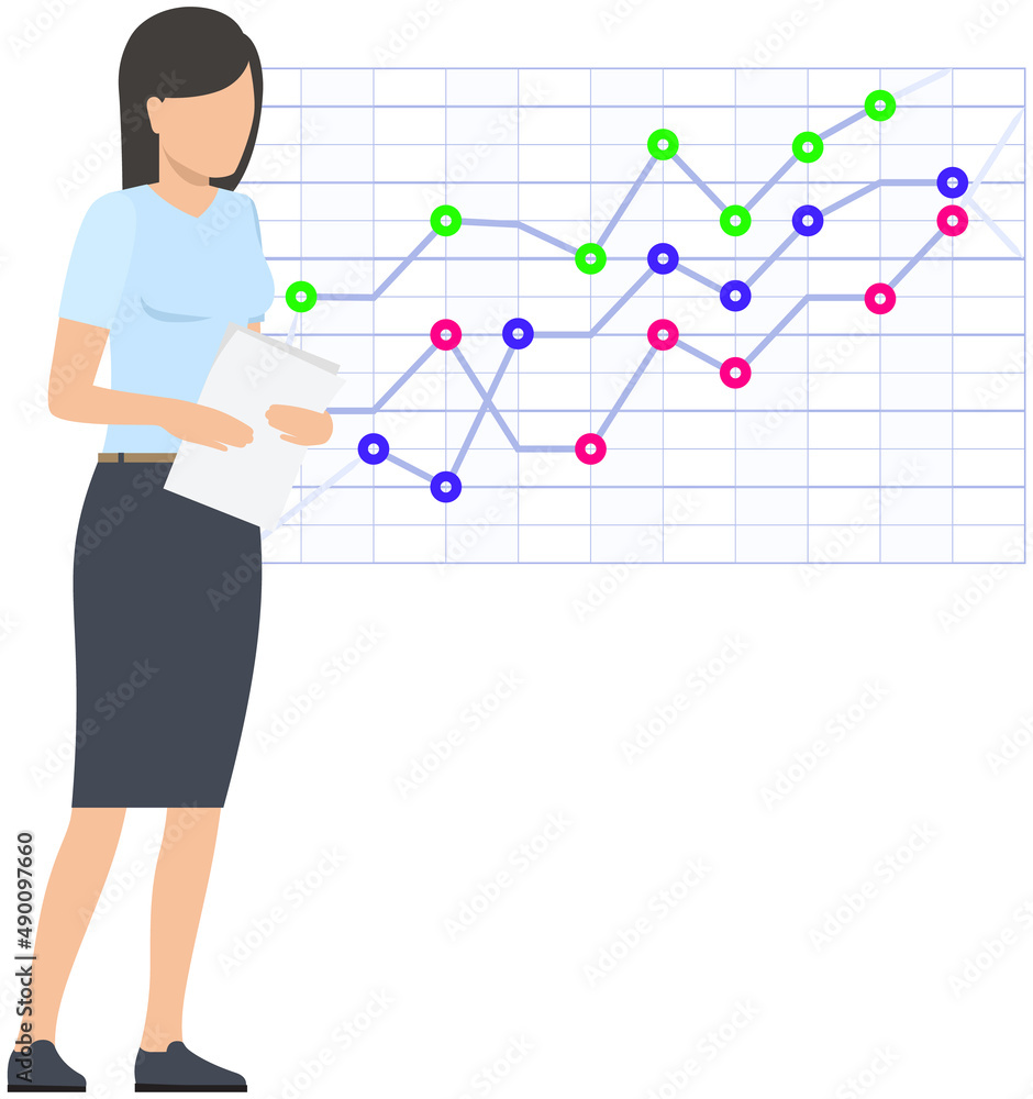 Woman studies statistics on presentation. Female character while working or studying with report. Girl working and analyzing financial statistics. Female marketer examines information about metrics Woman studies statistics on presentation. Female character while working or studying with report. Girl working and analyzing financial statistics. Female marketer examines information about metrics