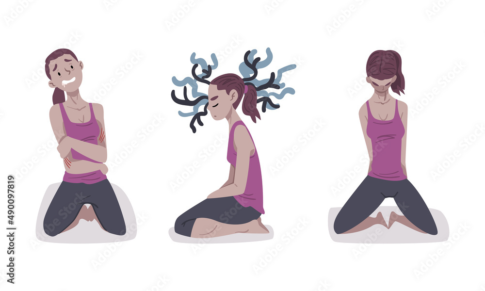 Mental health problems set. Stressed depressed girls having psychological disorders vector illustration Mental health problems set. Stressed depressed girls having psychological disorders vector illustration