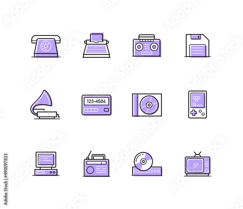 Retro technique - modern line design style icons set