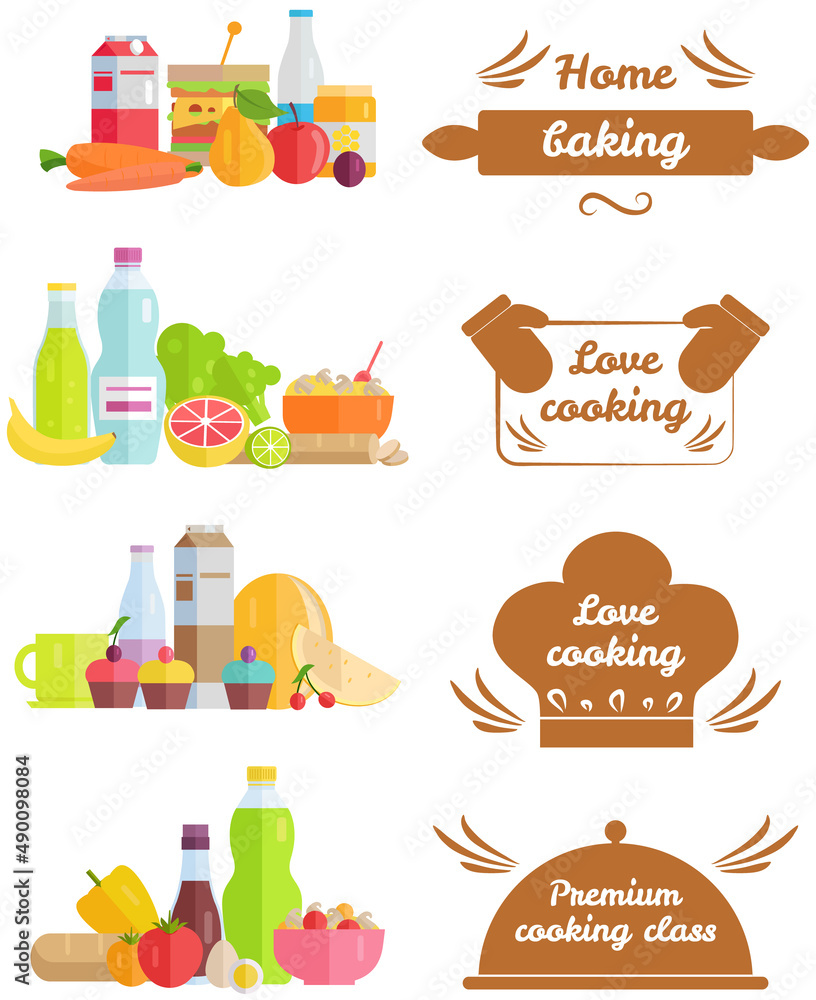 Hand writings about kitchen and cooking. Best time, home baking, love cooking, culinary class, let s cook. Hand drawn letterings in simple style near sets of ingredients for dish, food icons Hand writings about kitchen and cooking. Best time, home baking, love cooking, culinary class, let s cook. Hand drawn letterings in simple style near sets of ingredients for dish, food icons
