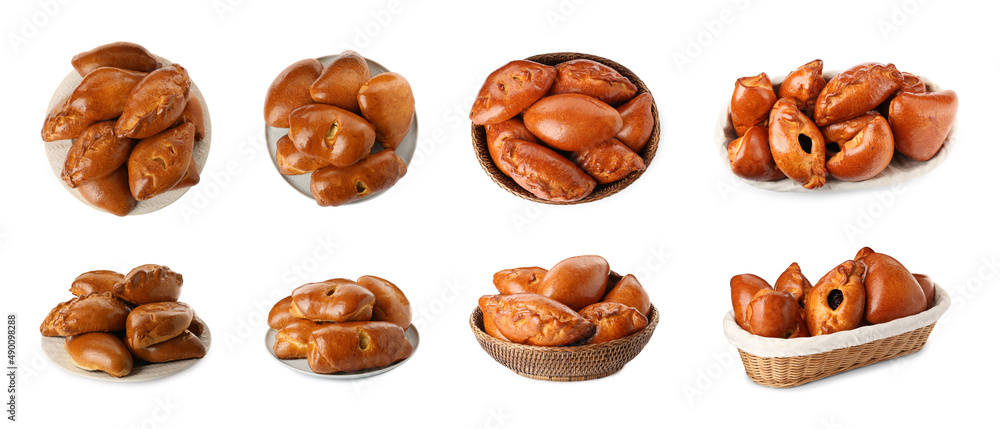 Set with delicious baked patties on white background. Banner design Set with delicious baked patties on white background. Banner design