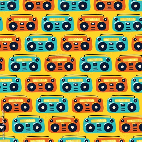 Retro tape recorders seamless pattern. Colorful musical boomboxes. Hand drawn illustrations in simple doodle cartoon childish style. Ideal for baby textiles, wallpaper, wrapping paper.