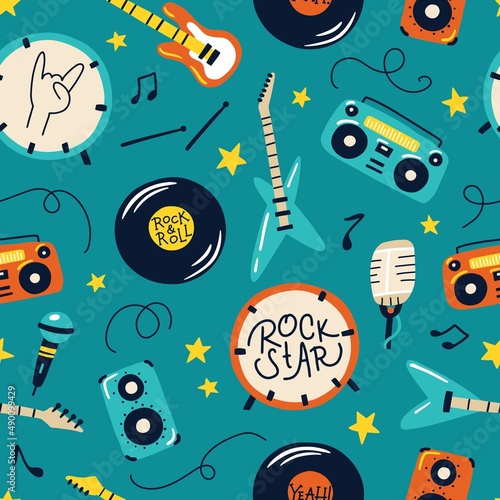 Retro musical rock instruments seamless pattern. Hand drawn colorful illustrations of guitars, drums, tape recorders in simple doodle cartoon childish style. for baby textiles, wallpaper, wrapping.