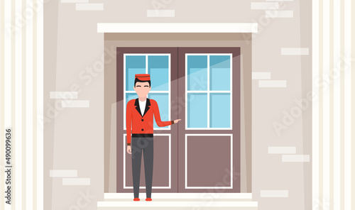 Doorman standing in front of hotel entrance doors. Young man in uniform working as belboy. Hotel employee opening doors to visitors. Male doorman near large building gates vector illustration