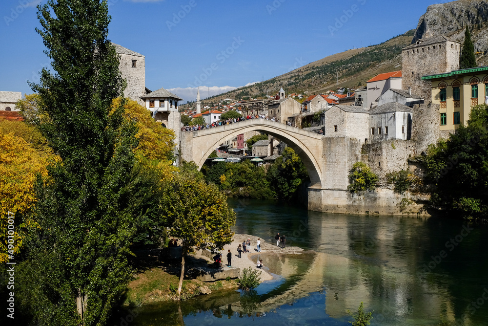 Historical Stari Most bridge over Neretva river in Mostar Old town, Balkan mountains, Bosnia and Herzegovina

