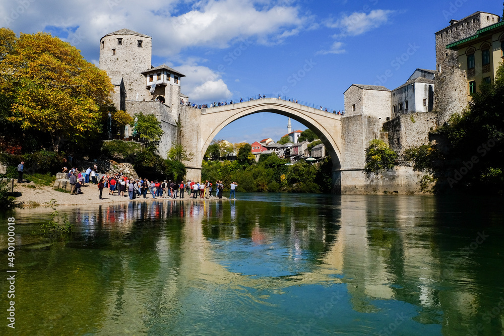 Historical Stari Most bridge over Neretva river in Mostar Old town, Balkan mountains, Bosnia and Herzegovina

