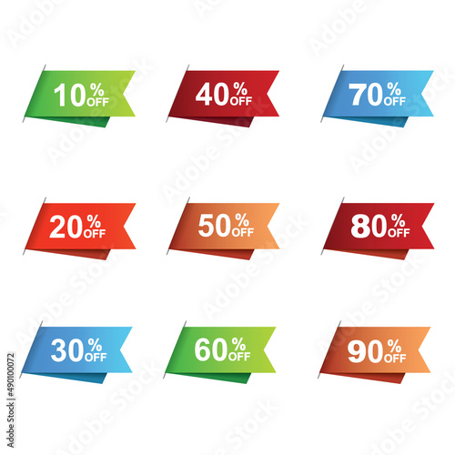 Sale and discount labels. Price off tag icon. 10, 20, 30, 40, 50, 60, 70, 80, 90 percent sale, vector, illustration.