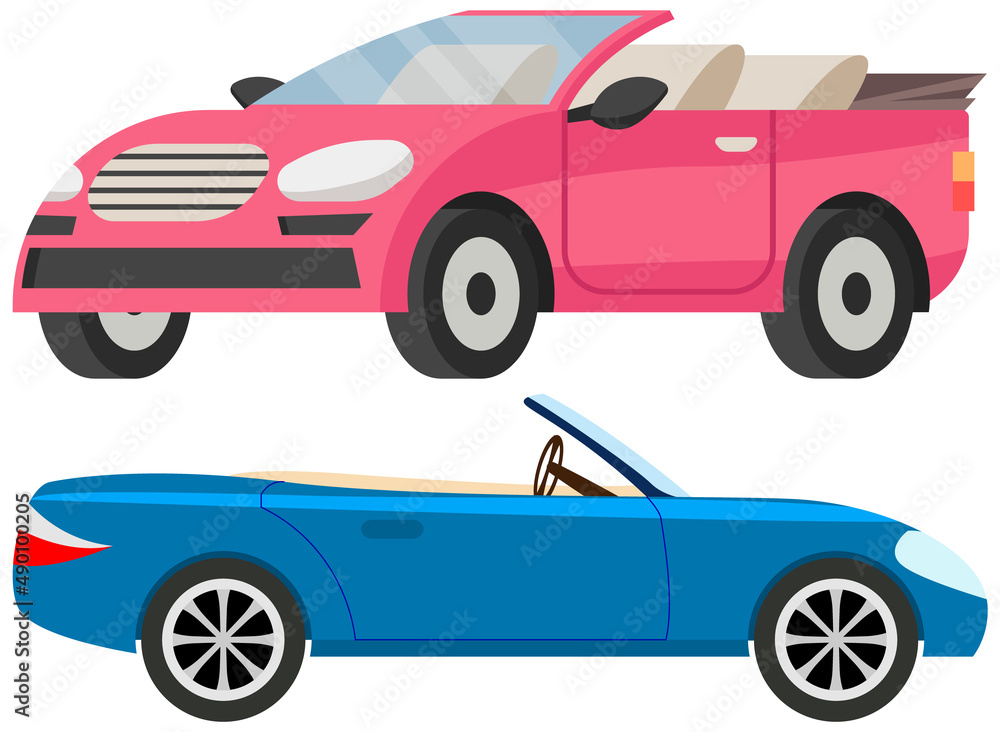 Set of modes of transport and machine shapes. Cars of different types with tinted glass in background of landscape of nature or city. Crossover, hatchback, vehicle is riding in autumn park