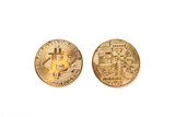Two sides of one bitcoin close-up with BIT symbol isolated on white background. Head and tail sides. Crypto-currency background for virtual money.