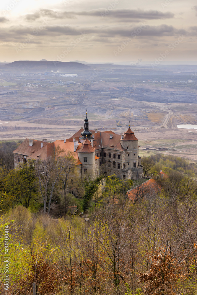 Jezeri castle with a coal mine, Northern Bohemia, Czech Republic
