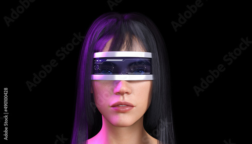 Female avatar wearing VR glasses in metaverse virtual world  3d render