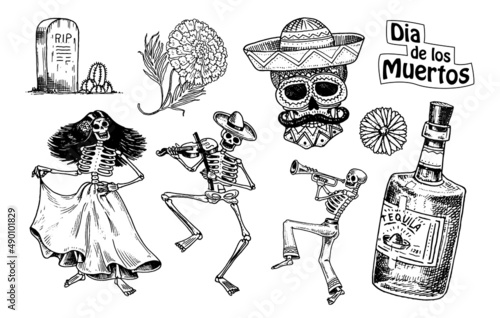 Day of the dead. Mexican national holiday. Original inscription in Spanish Dia de los Muertos. Skeletons in costumes dance, play the violin, trumpet and guitar. Hand drawn engraved sketch.