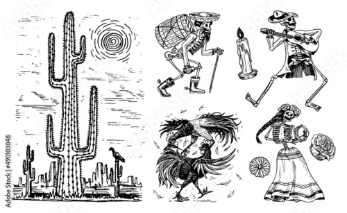 Day of the dead. Mexican national holiday. Original inscription in Spanish Dia de los Muertos. Skeletons in costumes dance, play the violin, trumpet and guitar. Hand drawn engraved sketch.