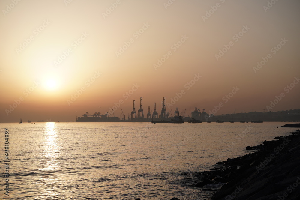 Industrial Ship Harbor at Sunset