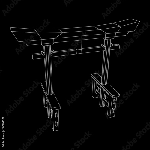 Torii sacred traditional gate. Symbol of Japan,shintoism religion. Japanese Tori arch ancient entrance. Wireframe low poly mesh vector illustration