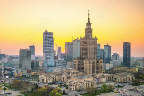 Aerial photo of Warsaw city downtown skyline in Poland