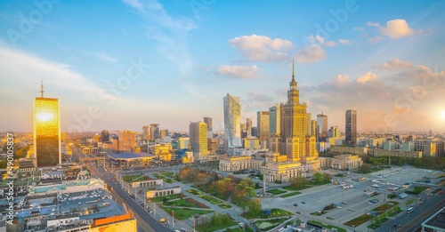 Aerial photo of Warsaw city downtown skyline in Poland