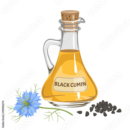 Black cumin oil, seeds and Nigella sativa flower isolated on white background. Vector illustration in cartoon flat style.