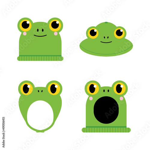 Set, collection of cartoon style green frog hats, headwear for cute fashion design.
