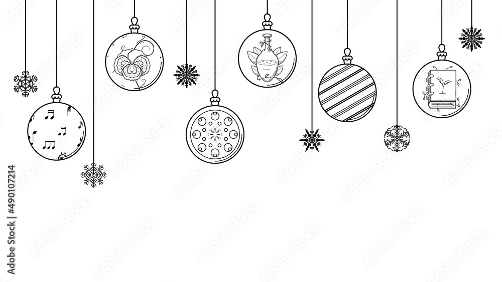 Black Doodle Outline Simple Line Abstract Merry Christmas Xmas Balls With Snowflakes Holiday Decorations Happy New Year Background Vector Design Style