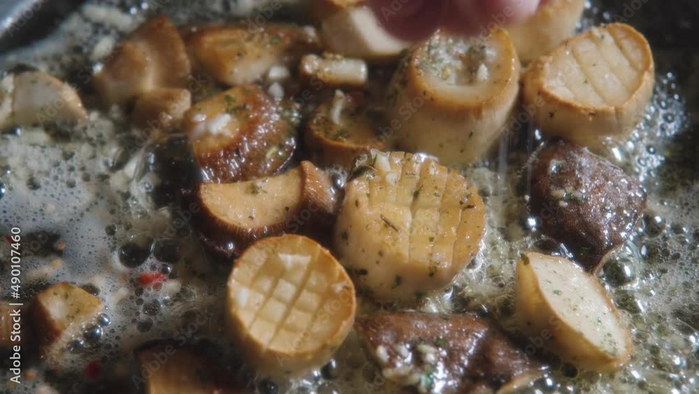 Vegetarian scallops from King trumpet, oyster mushrooms also known as eryngii. Vegetarian scallops from King trumpet, oyster mushrooms also known as eryngii.