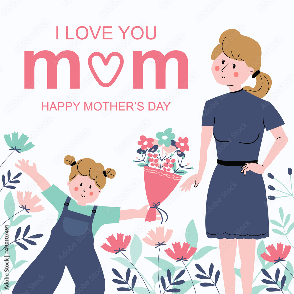 Mother's day greeting card.The child is holding flowers. Mother's day greeting card.The child is holding flowers.
