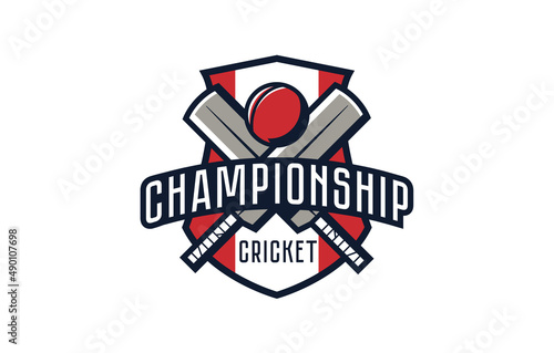 Logo, emblem of the cricket championship. Colorful emblem of the championship with a ball and bats on the background of the shield. Cricket sport tournament logo template. Isolated vector illustration