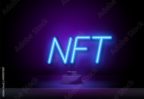 Outline neon NFT icon. Glowing neon nft sign, non-fungible token pictogram in vivid colors. Crypto art, virtual cryptography artwork, collectible digital token. Vector icon set, sign, symbol for UI