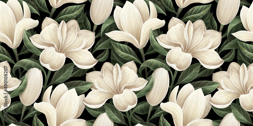 Magnolia flowers, floral background, tropical seamless pattern, luxury wallpaper. Green leaves. Dark vintage hand-painted watercolor 3d illustration. Printable modern art, stylish hd mural, tapestry - obrazy, fototapety, plakaty 