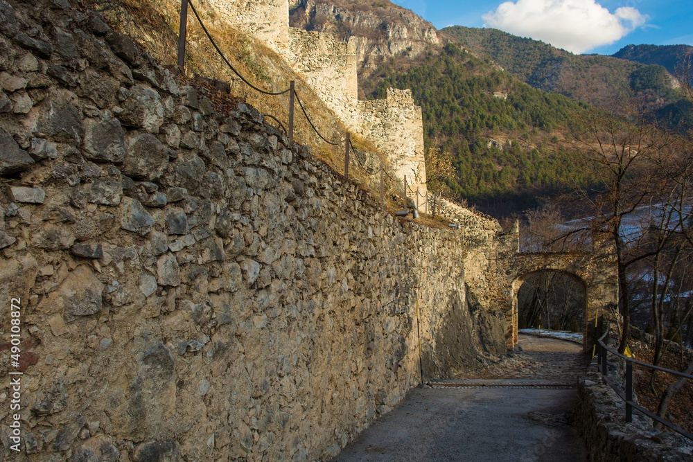 An entrance gate on the road into the medieval 12th century Beseno Castle in Lagarina Valley in Trentino, north east Italy. It is the biggest castle in the region
