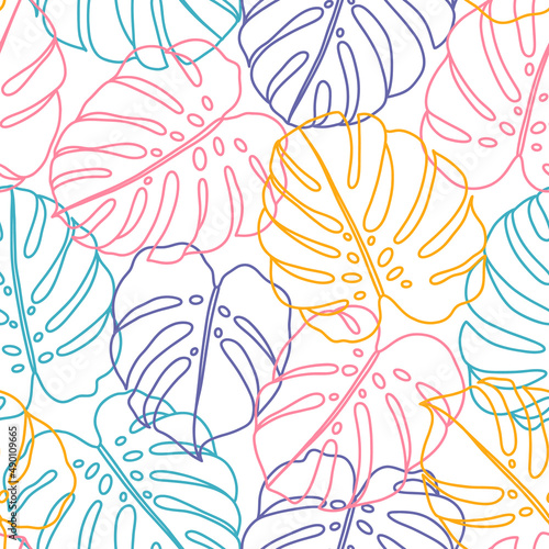 Colorful outlined monstera leaves vector pattern