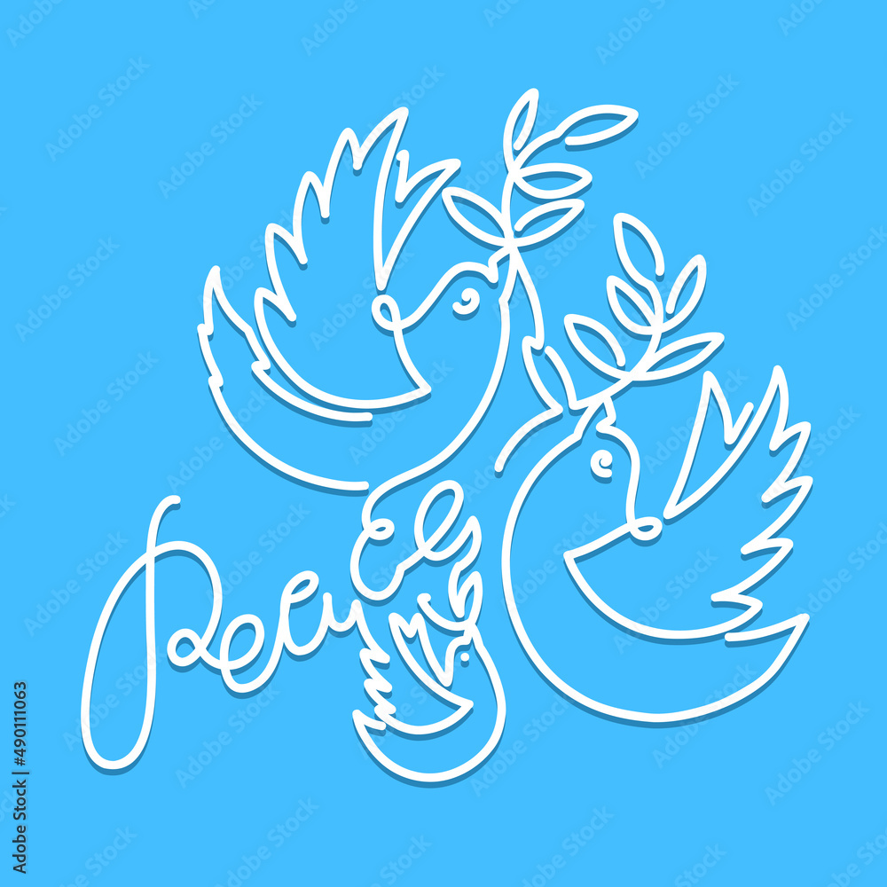Peace. White linear flying doves with an olive branch and the lettering peace. Peace. White linear flying doves with an olive branch and the lettering peace.