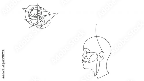 Self drawing animation of one continuous line two human heads with opposite thinking. The concept of chaos and order in thoughts. photo