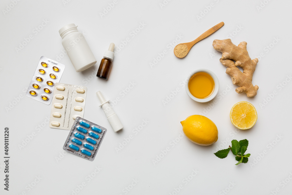 Natural cold and flu home remedies. Natural ingredients for immunity stimulation and viruses protection. top view flat lay Natural cold and flu home remedies. Natural ingredients for immunity stimulation and viruses protection. top view flat lay