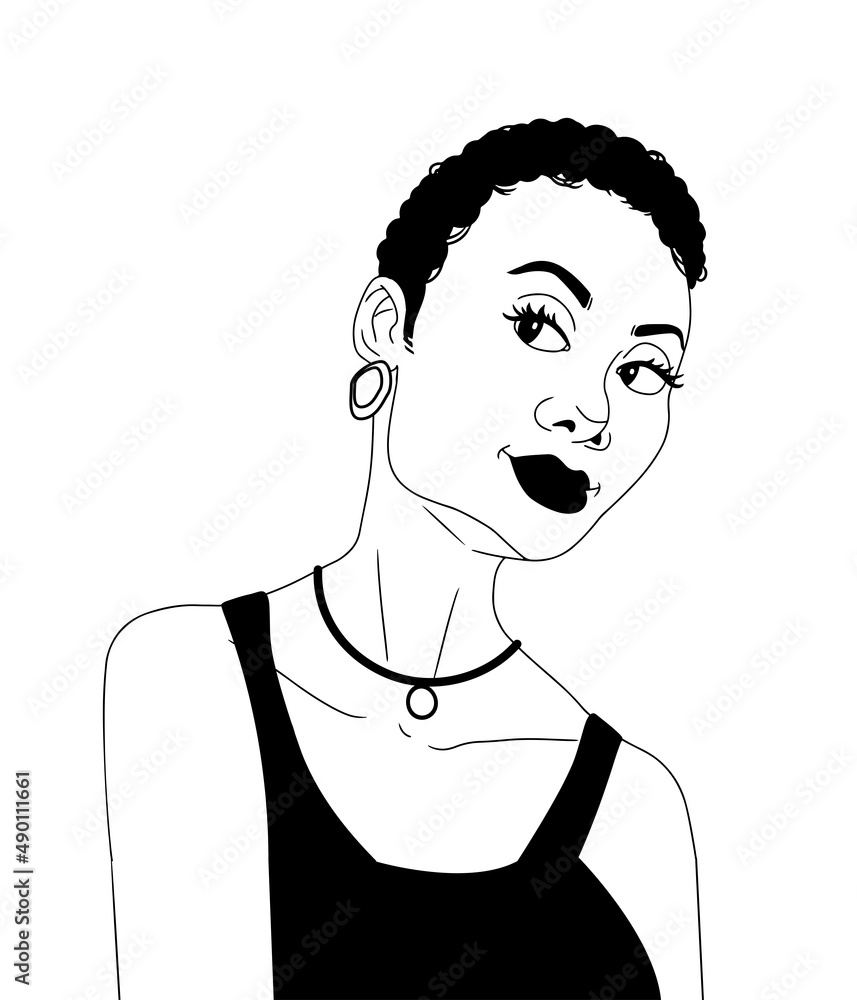 Portrait of black woman with short hair smiling, vector illustration Portrait of black woman with short hair smiling, vector illustration