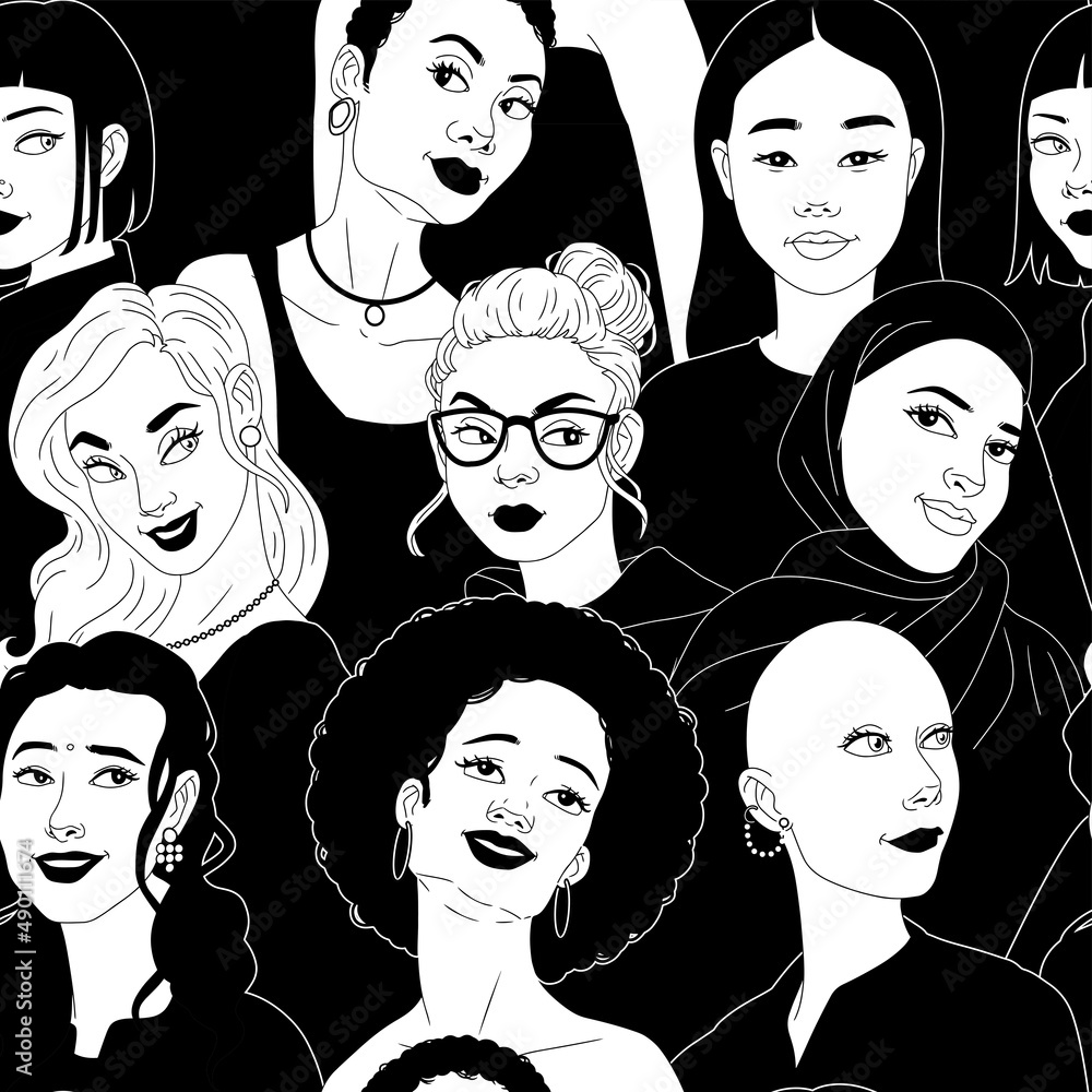 Diverse female portrait, seamless pattern with beautiful women of various ethnic groups. International Women's day 8 March. Texture for wallpapers, pattern fills, web page backgrounds Diverse female portrait, seamless pattern with beautiful women of various ethnic groups. International Women's day 8 March. Texture for wallpapers, pattern fills, web page backgrounds
