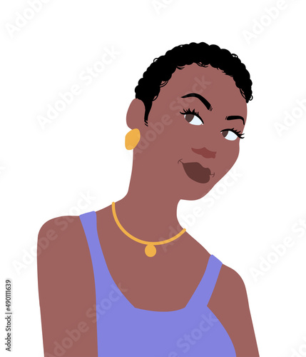 Portrait of black woman with short hair smiling, vector illustration