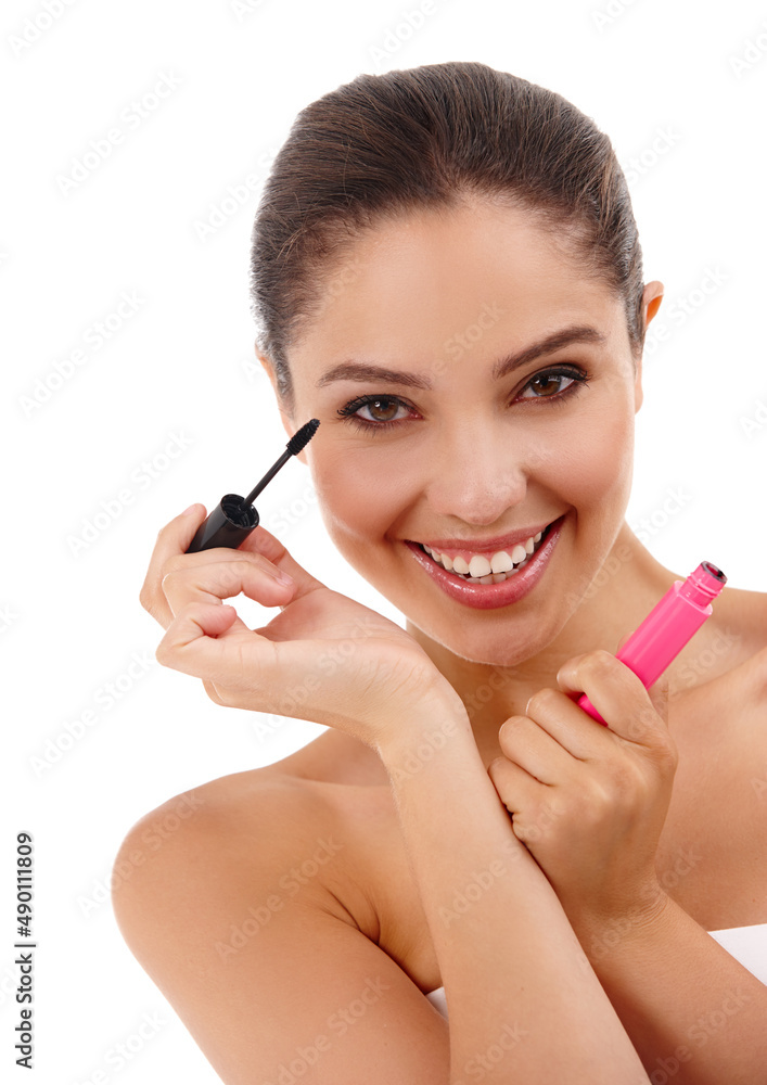 Want to know my secret. Portrait of an attractive young woman applying mascara to her eyelashes. Want to know my secret. Portrait of an attractive young woman applying mascara to her eyelashes.