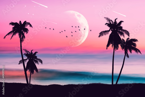 Silhouette palm tree at tropical night beach and full moon with birds flying on sunset sky abstract background. Nature environment and travel freedom concept.