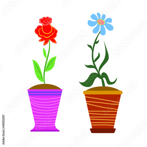 A collection of wild and garden flowers in vases isolated on a white background.
 A bunch of bouquets. A set of decorative elements of floral design. Flat vector illustration.