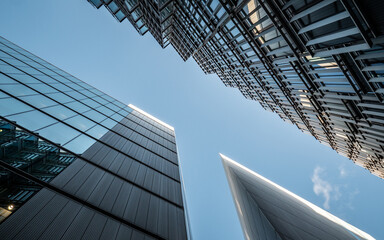 Business Skyscrapers. A low, wide angle view of the modern business architecture and skyscrapers in the City of London district.
