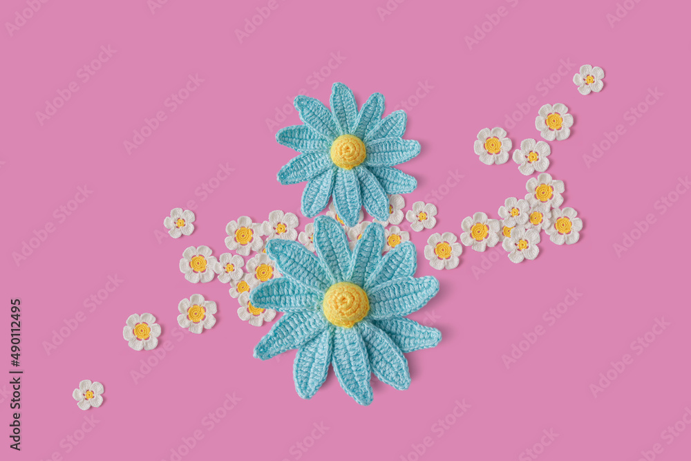 Happy women's day celebration card. design for International Women's Day. March 8 holiday. Handmade crochet and wool daisies